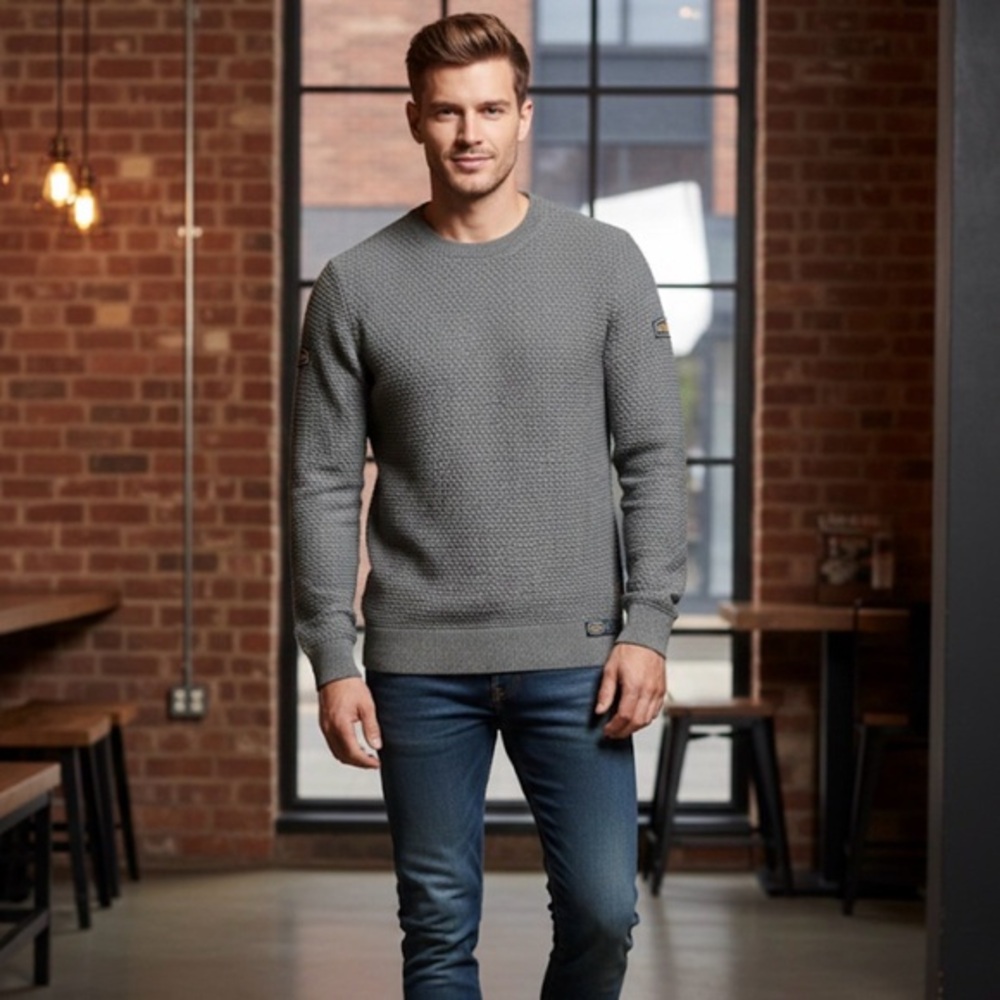 Superdry‎ Men’s Grey Textured Knit Crewneck Sweater - Size XL